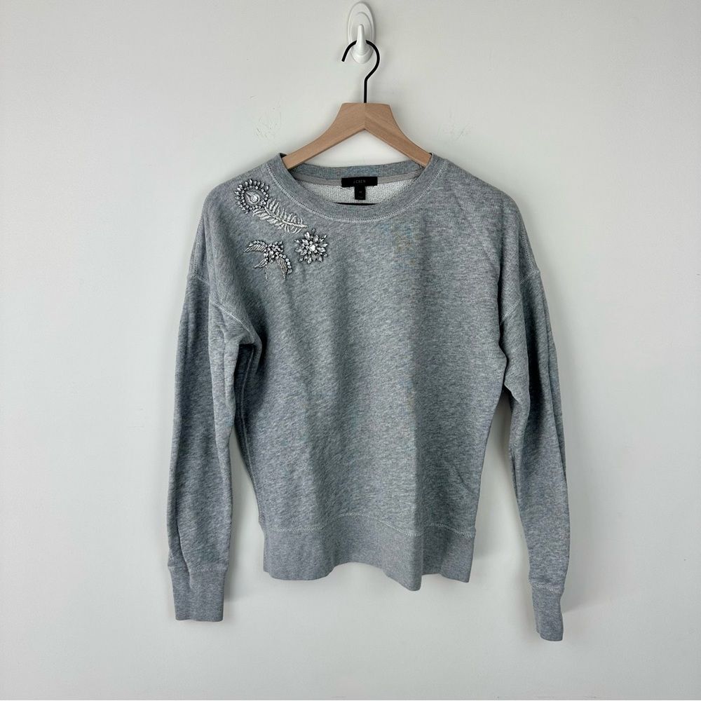 J Crew Grey & Silver Embroidered Jeweled Sweatshirt, M